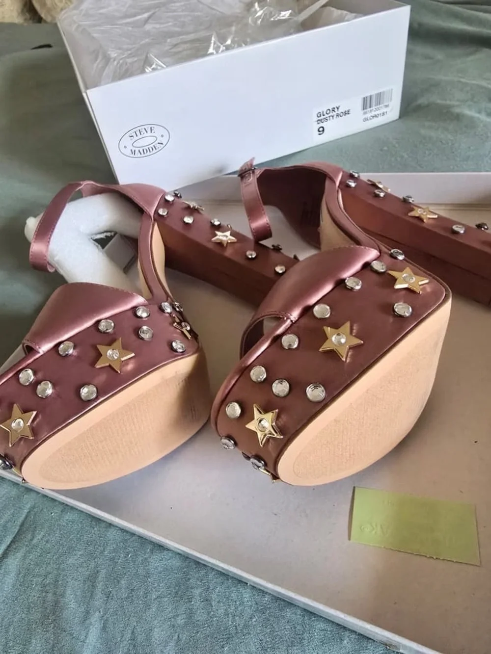 Steve Madden Rose Satin Platform Heels with Star Studs